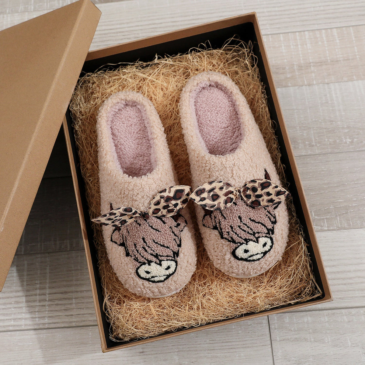 PREORDER: Highland cow with leopard bow slippers 8.24.26 OSYM