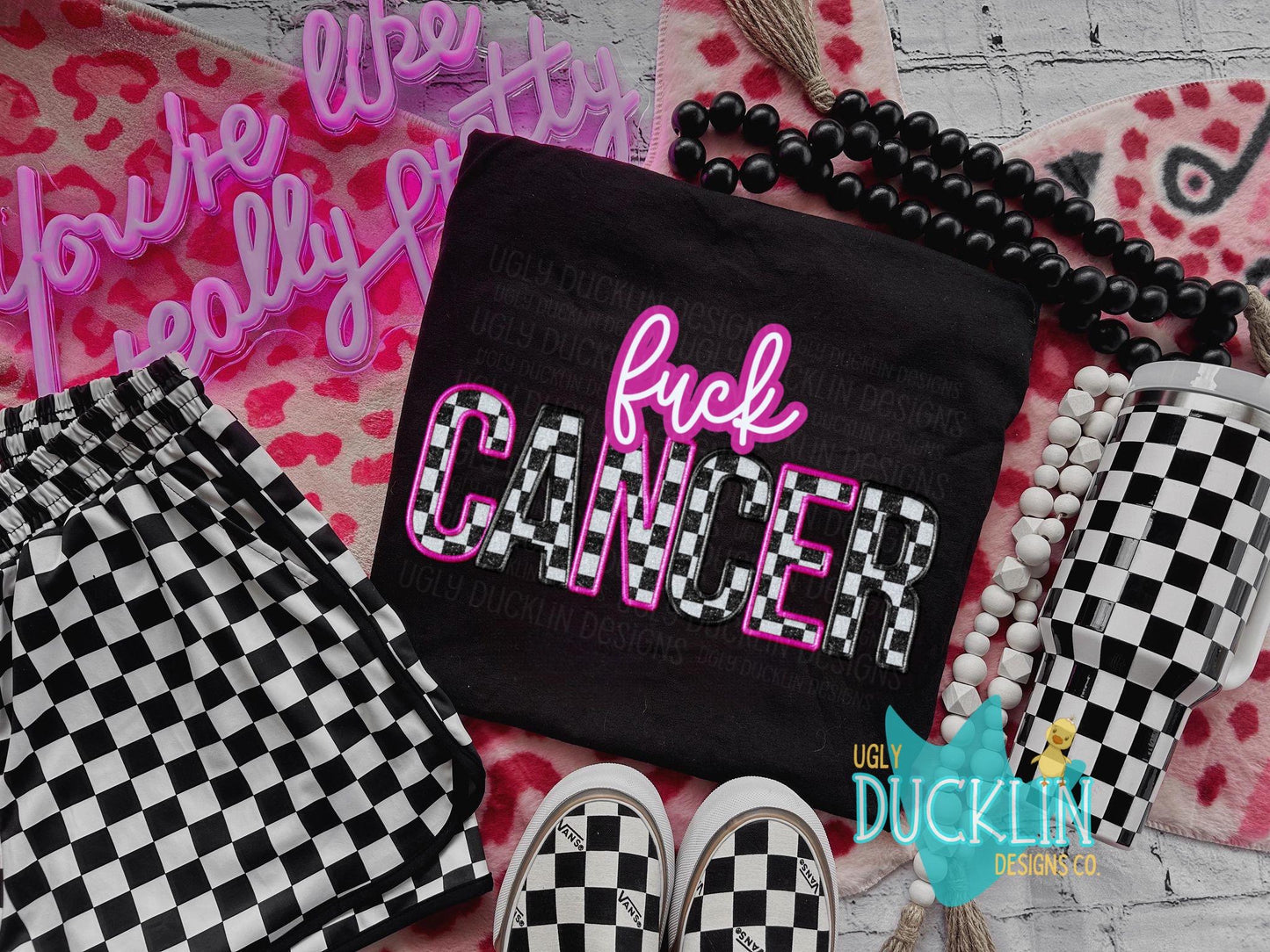 F cancer PNG Faux Embroidery Digital Design Mom Sublimation Design