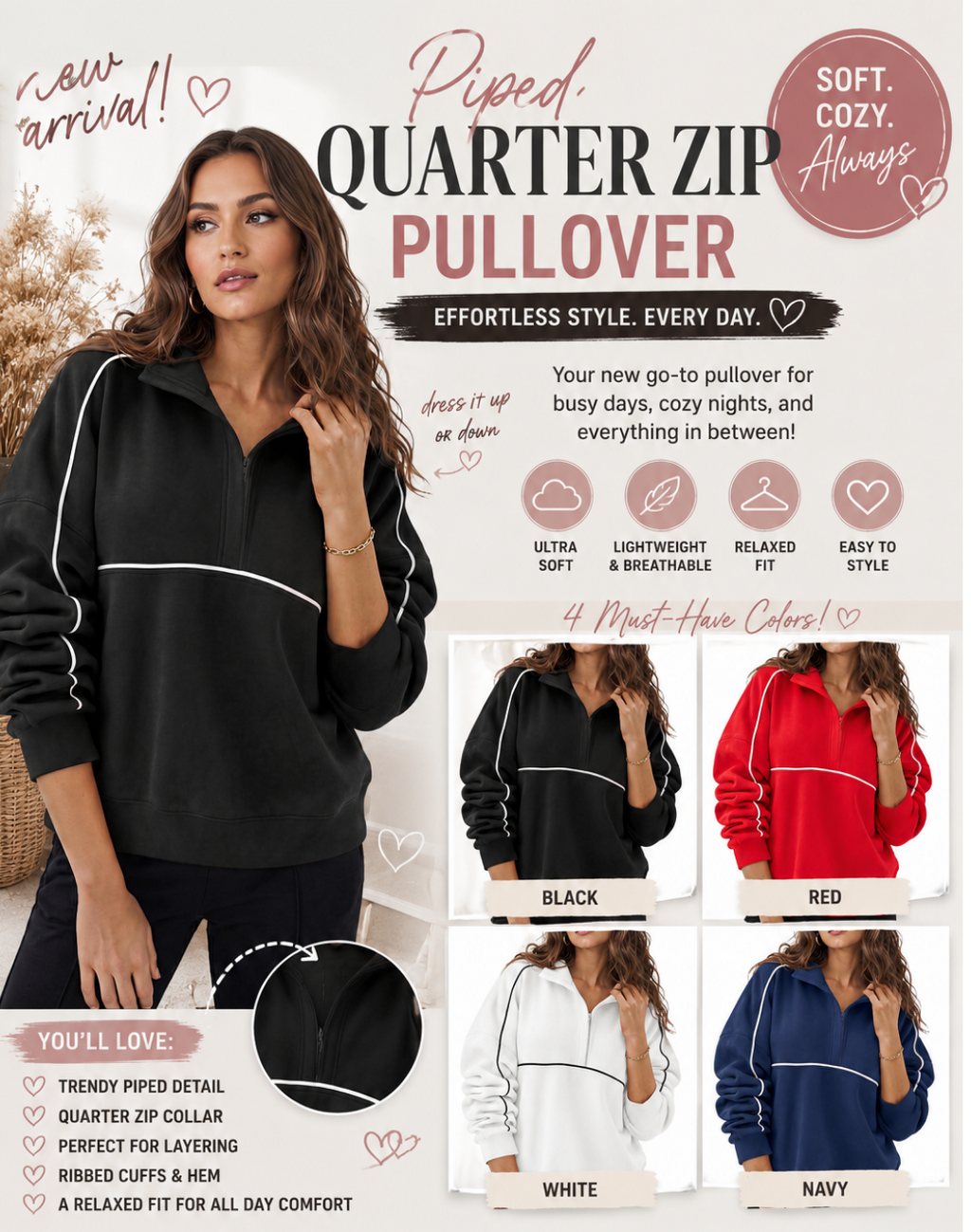 PREORDER: Piped Quarter Zip Pullover  7.20.26